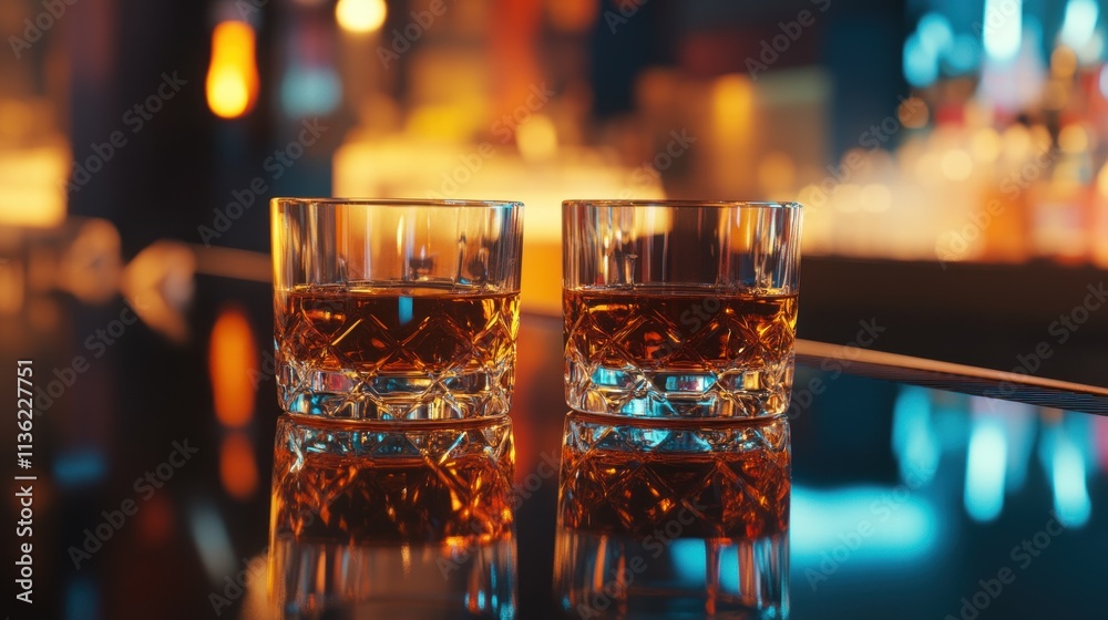 Two glasses of brandy on a reflective bar counter, the amber liquid shining under the ambient lighting. Two glasses of brandy on a reflective bar counter, the amber liquid shining under the ambient lighting.