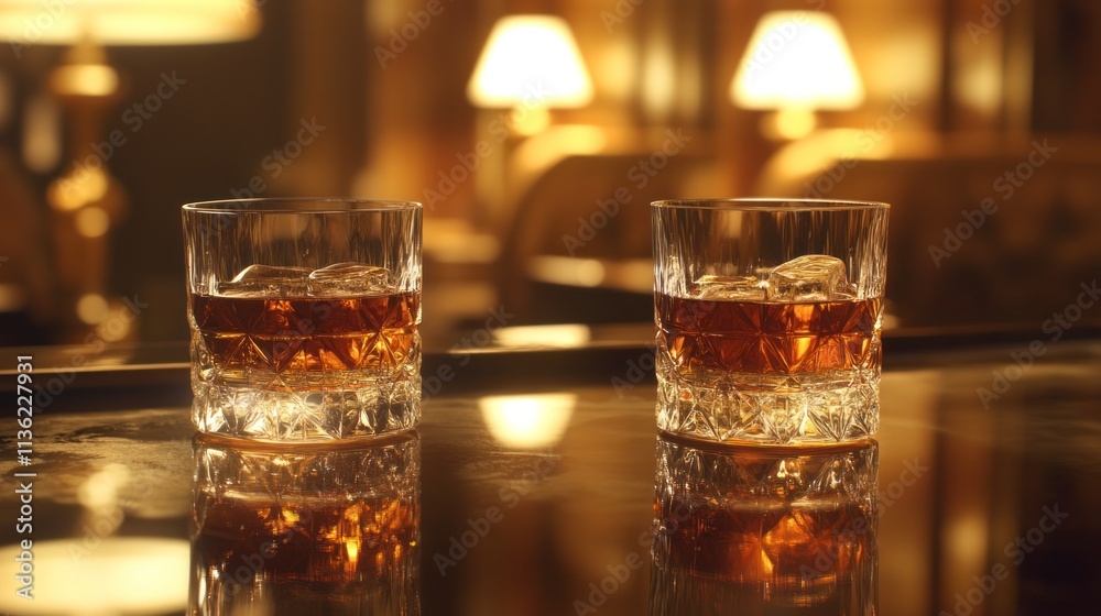 Two glasses of brandy placed on a reflective surface, with soft lighting highlighting the rich amber color of the drink. Two glasses of brandy placed on a reflective surface, with soft lighting highlighting the rich amber color of the drink.