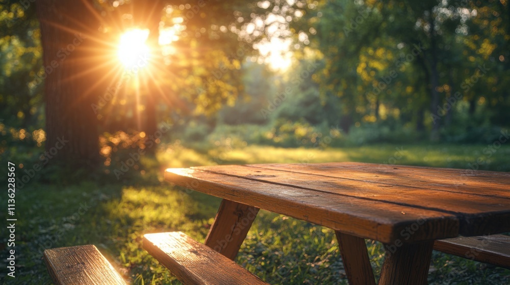 Naklejka premium Outdoor picnic table under bright sunlight with blurred effect