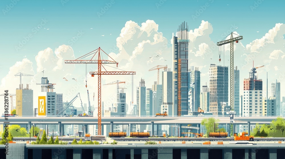 Obraz premium Modern City Skyline with Construction Projects and Infrastructure Development in Urban Setting