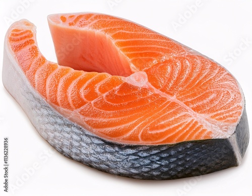 Salmon and trout in steak form, raw fresh fish pieces, isolated on white background