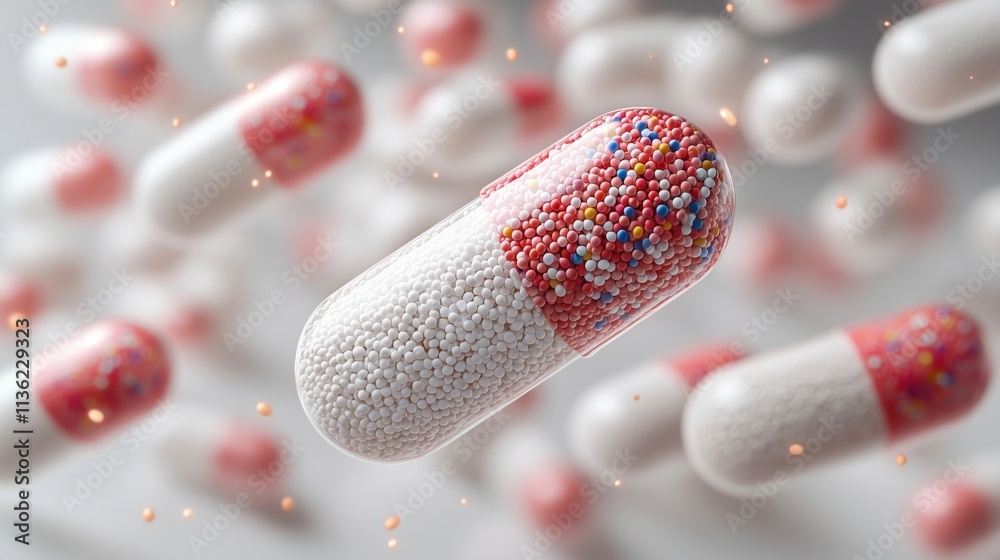 Floating Colorful Capsules Representing Modern Pharmaceutical Solutions Floating Colorful Capsules Representing Modern Pharmaceutical Solutions