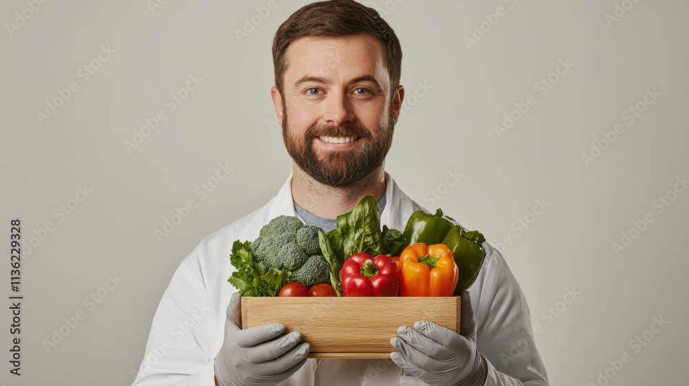 Happy Scientist Holding Fresh Organic Vegetables in Wooden Box Happy Scientist Holding Fresh Organic Vegetables in Wooden Box