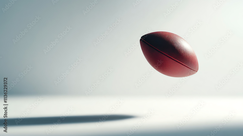 A single red rugby ball in mid-air with a soft shadow on a smooth surface. A single red rugby ball in mid-air with a soft shadow on a smooth surface.