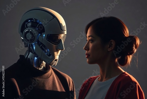 Humanity and AI: A woman gazes intently at a humanoid robot, creating a captivating image that explores the complex relationship between humans and artificial intelligence. photo