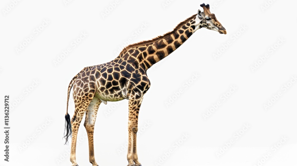 Obraz premium Full Body Side View of a Giraffe with Dark Spots Against White Background