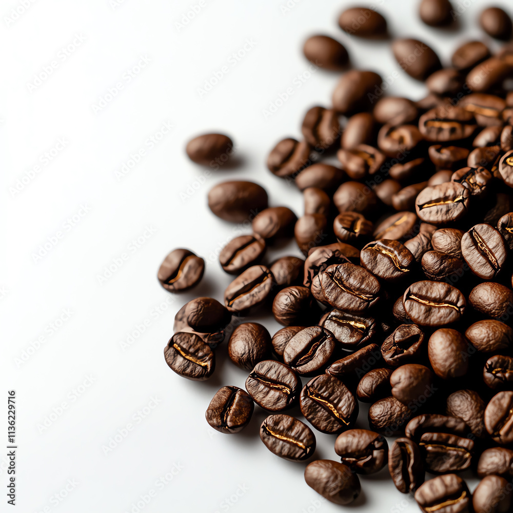 Naklejka premium Close-up of rich, roasted coffee beans scattered on a white background.