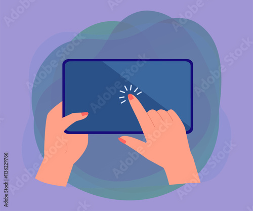 Female hand holding tablet and tapping screen. Person touching mobile device with finger flat vector illustration. Technology, internet concept for banner, website design or landing web page