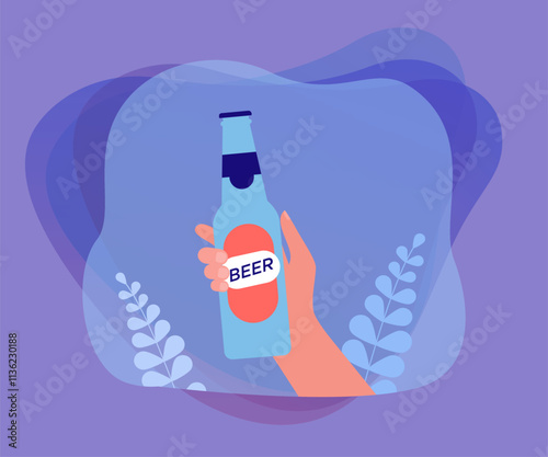 Hand holding glass bottle of beer. Person with alcoholic drink with label flat vector illustration. Alcohol, addiction, celebration concept for banner, website design or landing web page