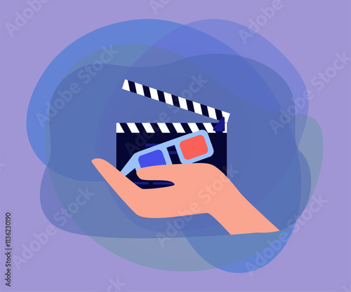Hand holding clapperboard and 3D glasses. Clapper board and red and blue glasses as symbol of cinema flat vector illustration. Cinema, entertainment, film industry concept for banner or landing page