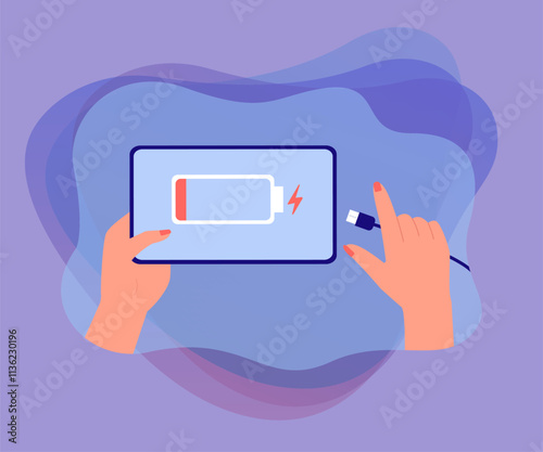Female hands holding tablet with low battery symbol on screen. Person holding USB charger cable flat vector illustration. Technology, energy concept for banner, website design or landing web page