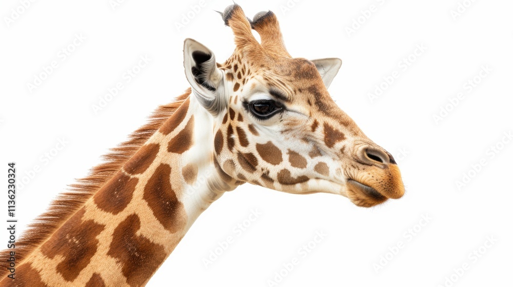 Giraffe Side Profile Close Up with Spotted Fur Against White Background Giraffe Side Profile Close Up with Spotted Fur Against White Background