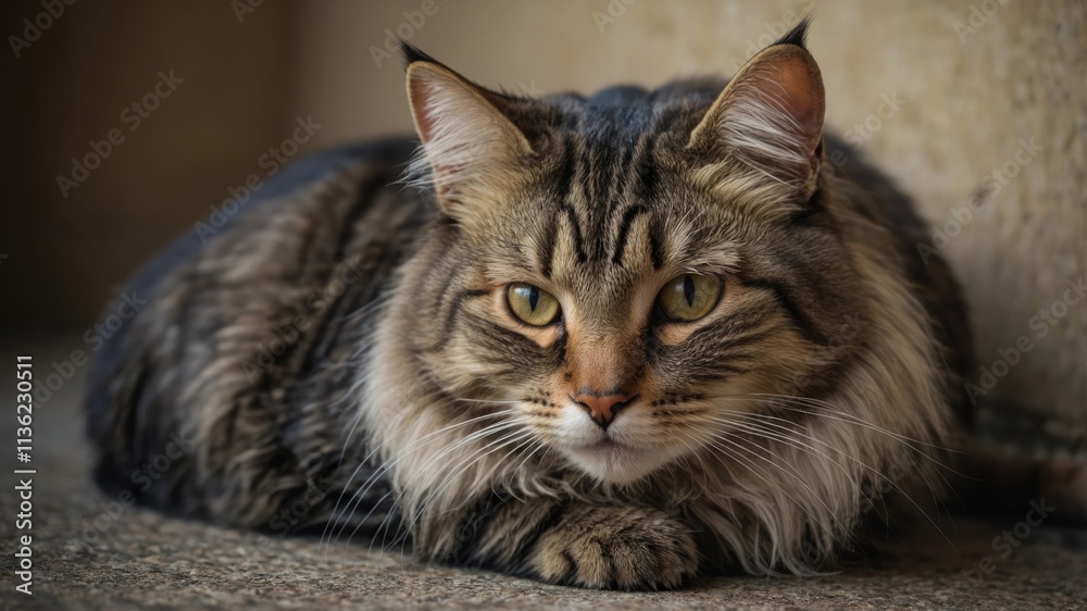 A fluffy cat is comfortably settled in a warm corner, slowly stretching and loosening its muscles, epitomizing the serene and playful nature of feline life A fluffy cat is comfortably settled in a warm corner, slowly stretching and loosening its muscles, epitomizing the serene and playful nature of feline life