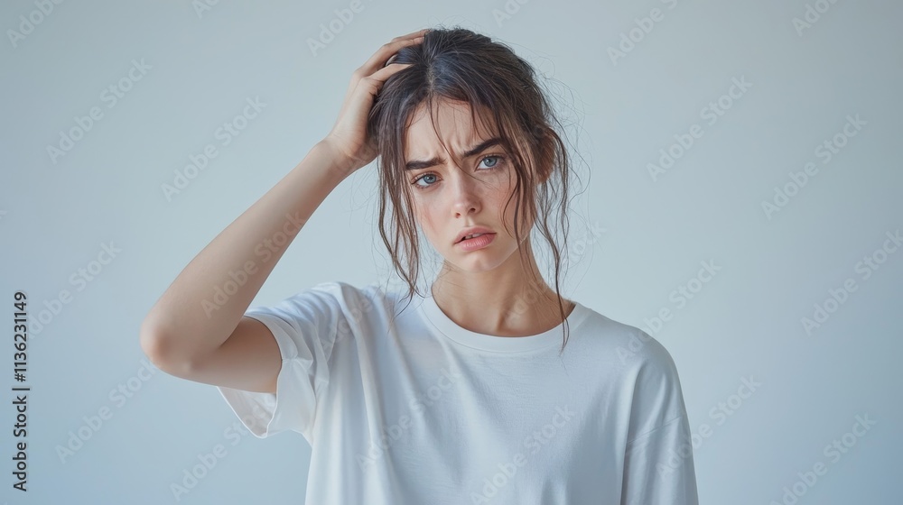 Young woman with hand on head expressing confusion Young woman with hand on head expressing confusion