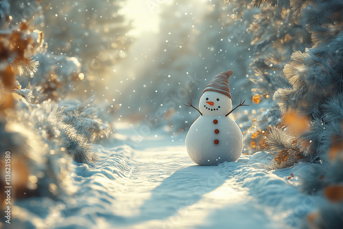 A single snowman with no accessories, standing in the middle of a snowy path surrounded by pine trees, evoking a peaceful, simple winter scene.