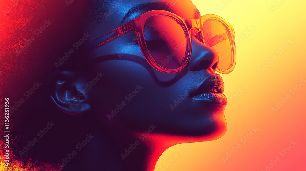 Stunning Profile of a Person with Bold Sunglasses Under Vibrant Gradient Lighting Showcasing Fashion and Individuality in a Creative Artistic Style Stunning Profile of a Person with Bold Sunglasses Under Vibrant Gradient Lighting Showcasing Fashion and Individuality in a Creative Artistic Style