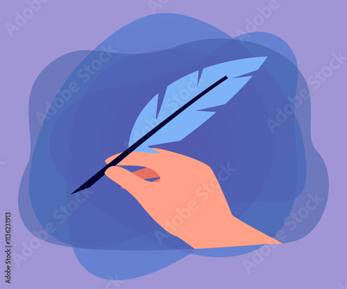 Hand of writer or poet holding quill pen. Person writing with feather flat vector illustration. Inspiration, creativity, journalism concept for banner, website design or landing web page