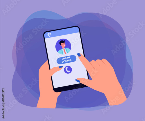 Hand of female patient consulting online doctor via smartphone. Medical professional on phone screen flat vector illustration. Technology, health concept for banner, website design or landing web page