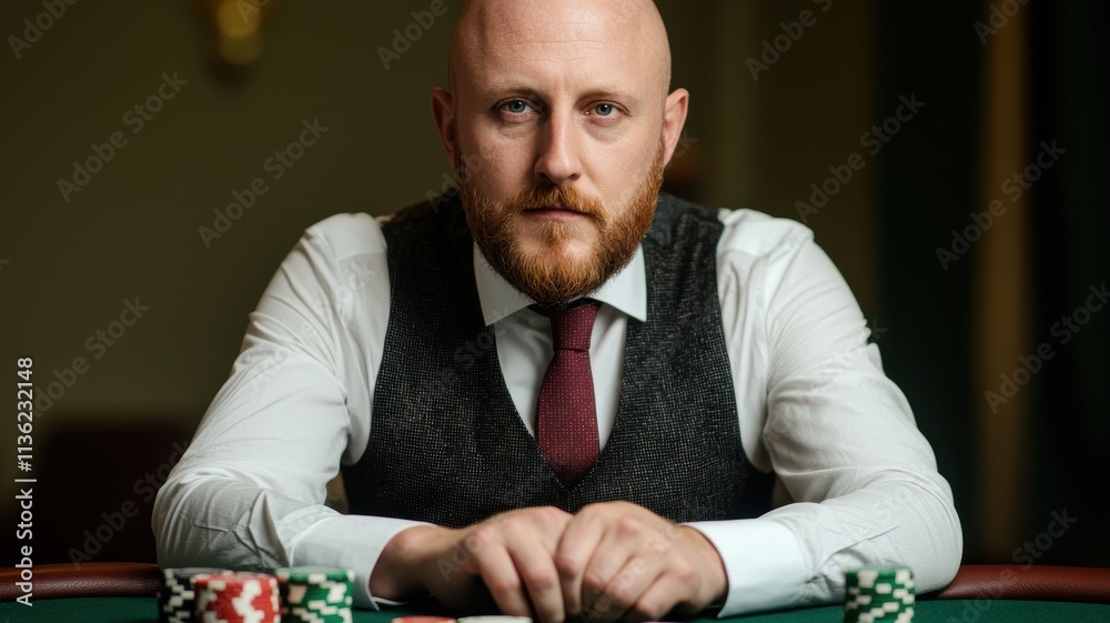 Serious Poker Player at Casino Table Close Up Serious Poker Player at Casino Table Close Up