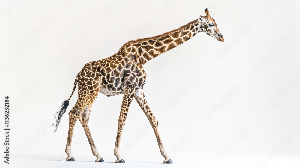 Obraz premium Giraffe Walking Gracefully in Side Profile Against White Background