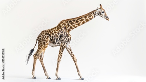 Giraffe Walking Gracefully in Side Profile Against White Background photo