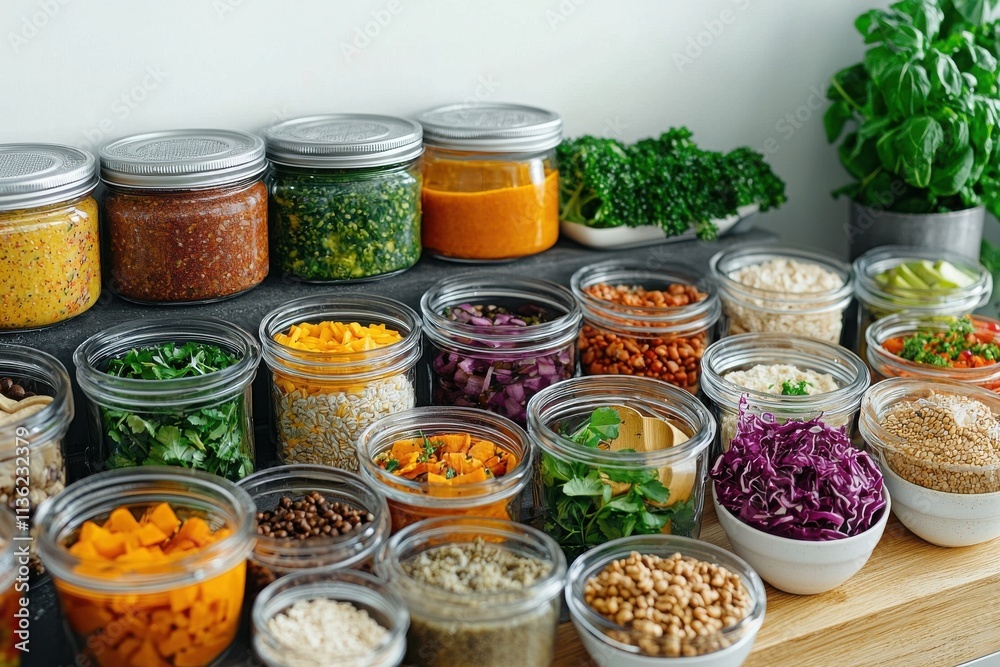 Vibrant vegan meal prep setup for athletes featuring colorful ingredients in a modern kitchen environment organized for optimal nutrition Vibrant vegan meal prep setup for athletes featuring colorful ingredients in a modern kitchen environment organized for optimal nutrition