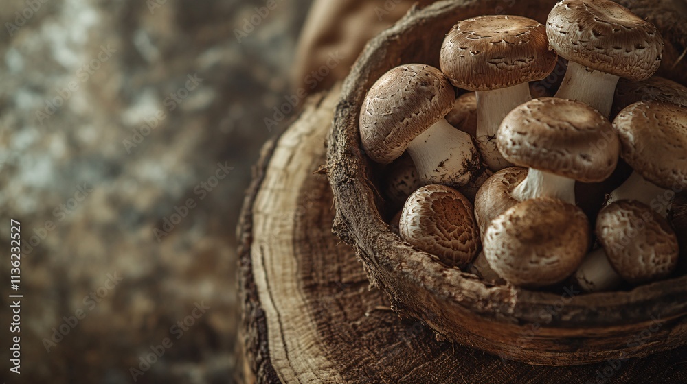 Fresh mushrooms in wooden bowl on tree trunk Fresh mushrooms in wooden bowl on tree trunk