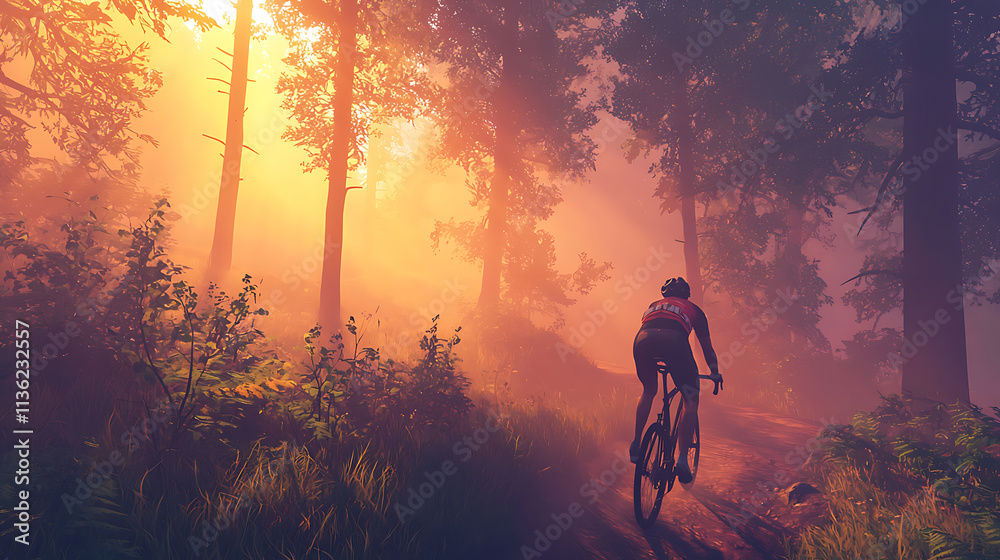Fototapeta premium A man is riding a bicycle in a forest with the sun shining through the trees