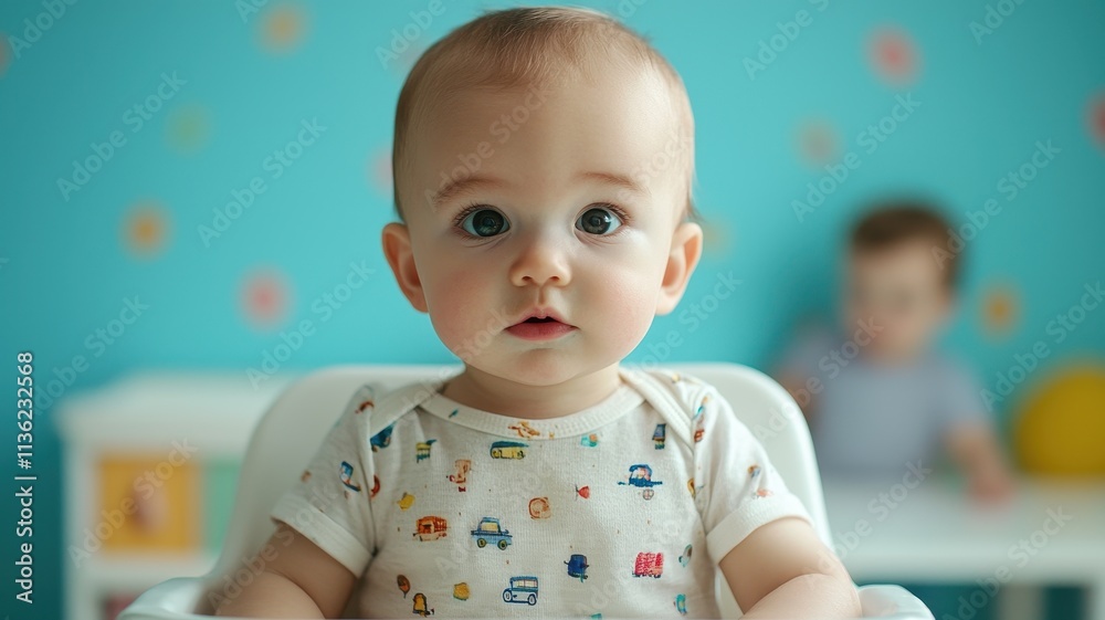 Adorable Baby in High Chair Close up Portrait Toddler Child Infant Cute Sweet Happy Playful Home Adorable Baby in High Chair Close up Portrait Toddler Child Infant Cute Sweet Happy Playful Home