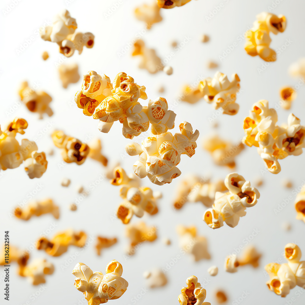 Freshly popped popcorn floating in the air, capturing a delightful snack moment. Freshly popped popcorn floating in the air, capturing a delightful snack moment.