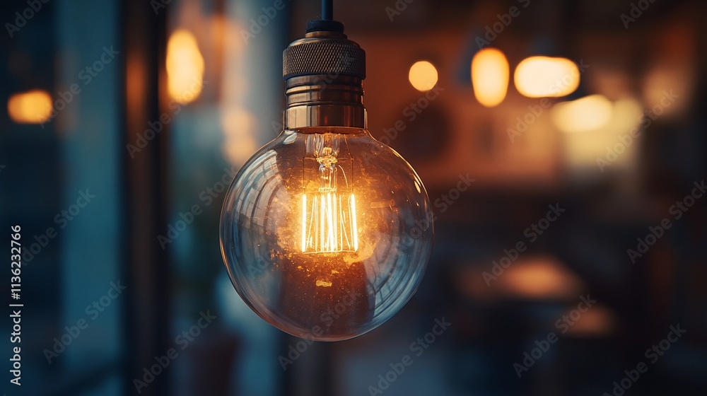 Glowing light bulb hanging in a cozy coffee shop Glowing light bulb hanging in a cozy coffee shop