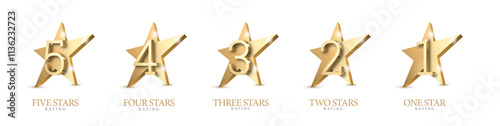 Set of Star Rating Symbols. 3D Golden Signs. Star Rating Emblems. Five Stars. Vector Illustration