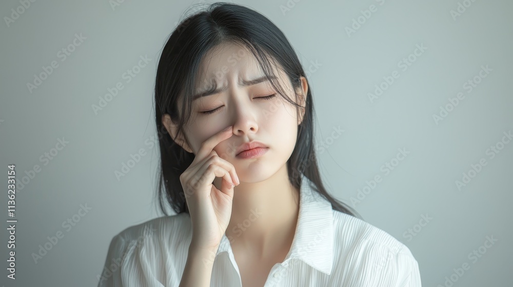 Young woman touching her face with a pained expression Young woman touching her face with a pained expression