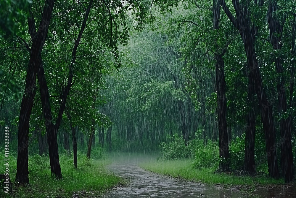 Fototapeta premium Rainy Day in a Lush Green Forest Path