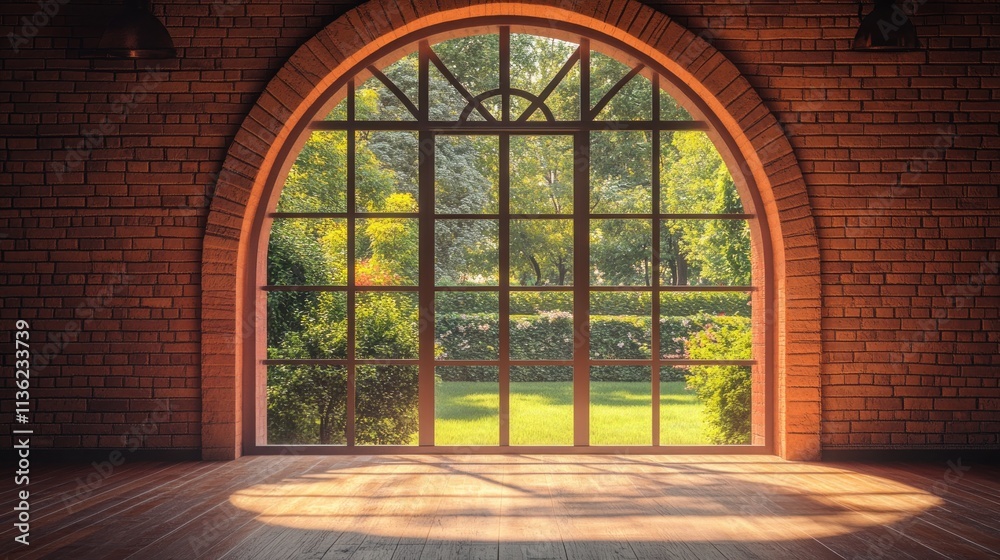 Sunlight streams through arched window in brick wall, illuminating empty room & garden view.