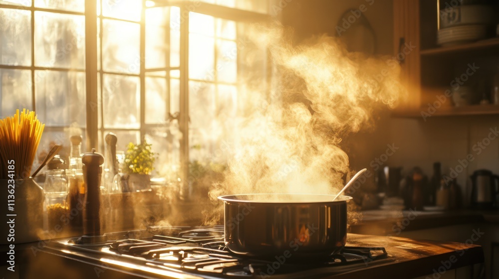 Steaming pot on stove in sunlit kitchen