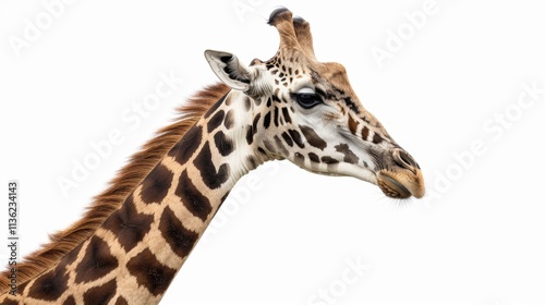 Close Up Giraffe Side Profile with Detailed Spots Against White Background photo