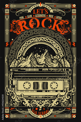 Old school rock music poster. Audio type and mountains. Heavy metal style. Musical art, t-shirt design