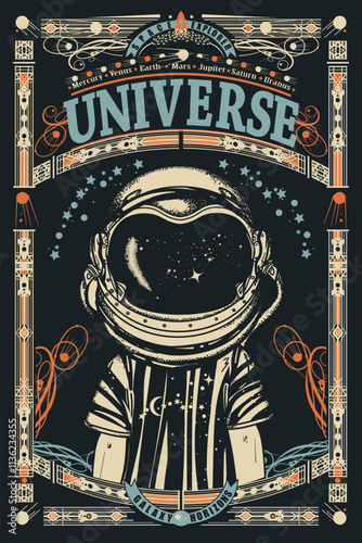 Boy in astronaut helmet. Universe art. Sci-fi ornamental print, t-shirt design. Space illustration. Study of the solar system, galaxy