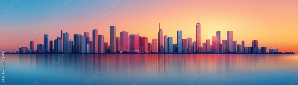 Obraz premium Stunning City Skyline at Sunset Modern Urban Landscape Panorama