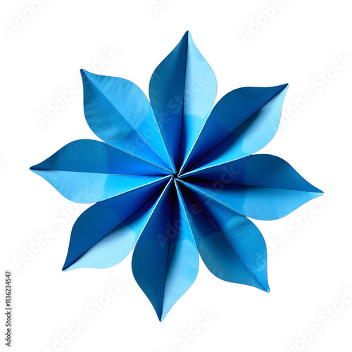 Angled view of a blue color origami table flower isolated on a white transparent background. photo