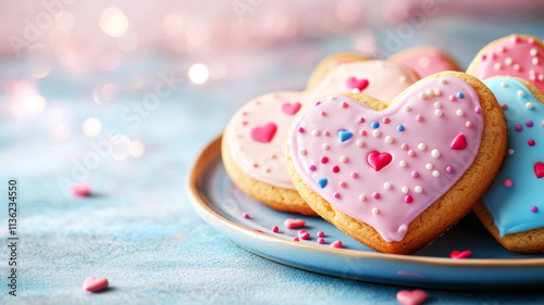 Colorful Heart-Shaped Cookies Decorated with Festive Frosting and Sprinkles on Plate