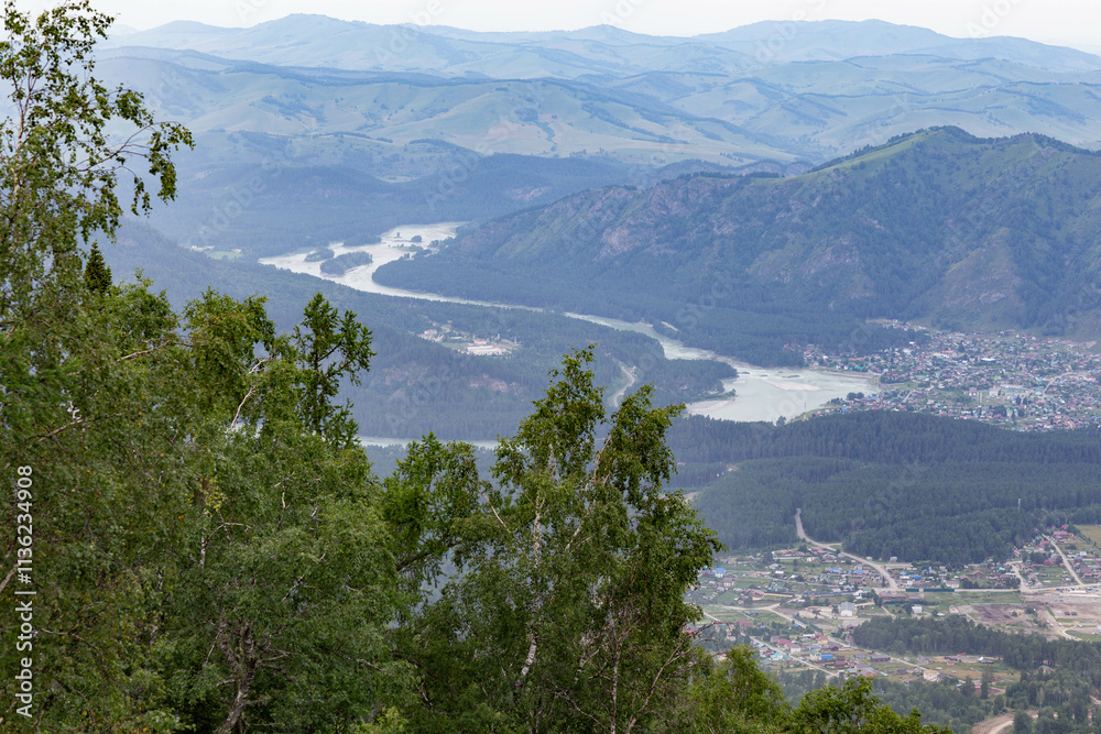 Obraz premium Beautiful view from Sinyukha mountain of Manzherok village. Manzherok village, Altai republic, Russia