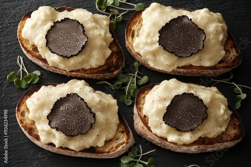 Delicious bruschettas with truffle sauce and microgreens on black table, flat lay. Space for text , isolated on white background,  , copy space, copy space for text, photo