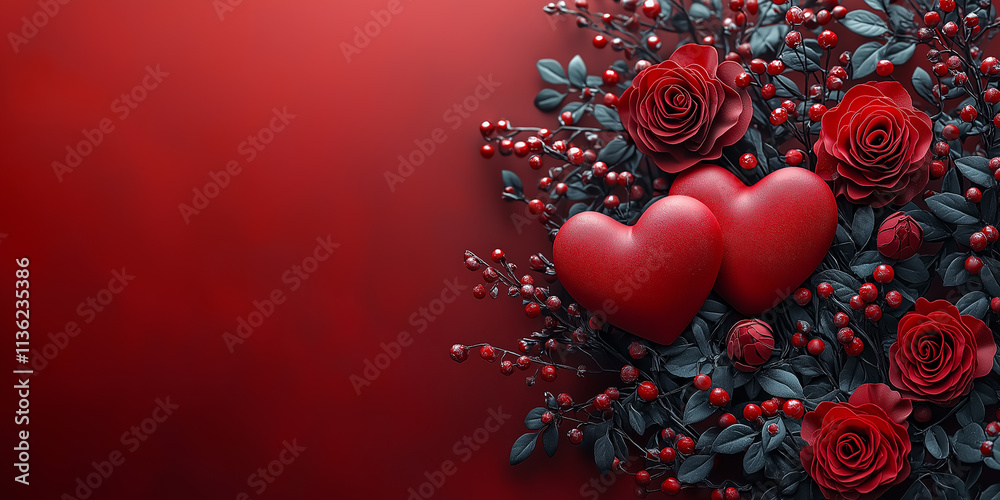 Obraz premium Happy Valentines Day background with red roses and heart shaped decorations, 14th February Valentines Day wishes with romantic roses and love, Valentine's Day greeting card, Romantic Background.
