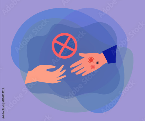 Stop sign above hands of healthy person and person with virus. Prevention of spreading of disease Isolation flat vector illustration. Coronavirus, protection, pandemic, health concept for banner