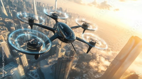 Futuristic drone flying over a sprawling cityscape at sunset photo