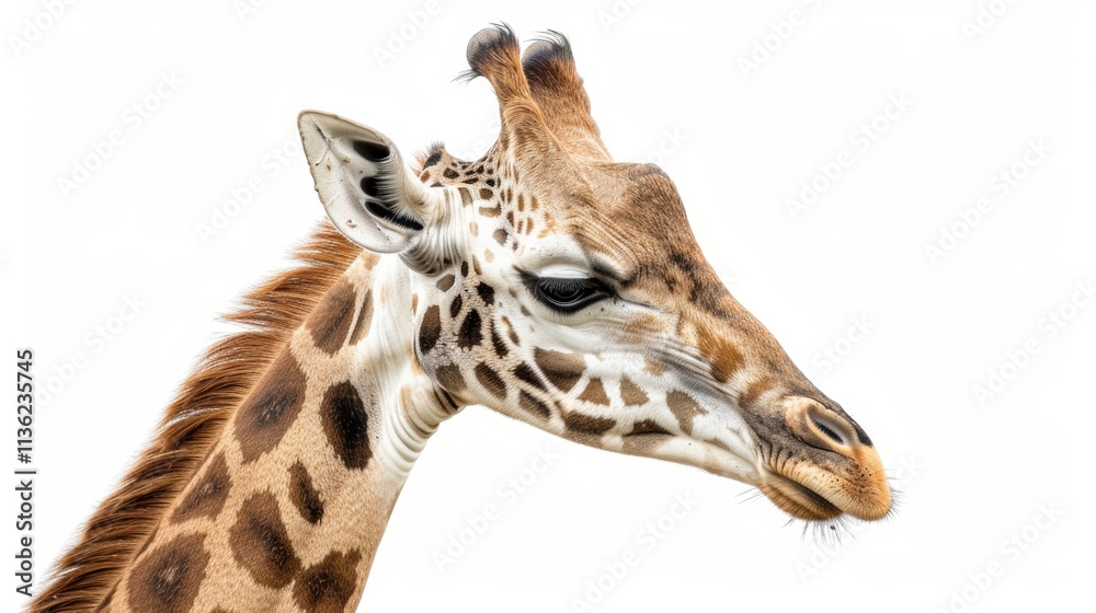 Naklejka premium Close Up Side Profile of a Giraffe Head Against White Background