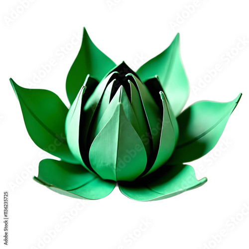 Angled view of a emerald green origami lotus flower isolated on a white transparent background. photo