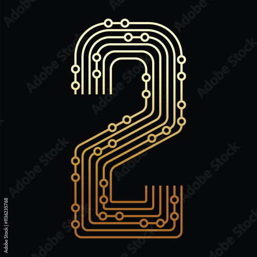 Golden Number Two Made of Circuit Board on Black Background